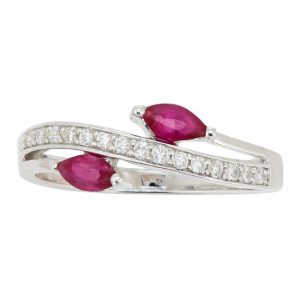 Genuine Ruby Marquise 5x2.5MM & .14TCW Diamond Bypass Ring 10KT WG