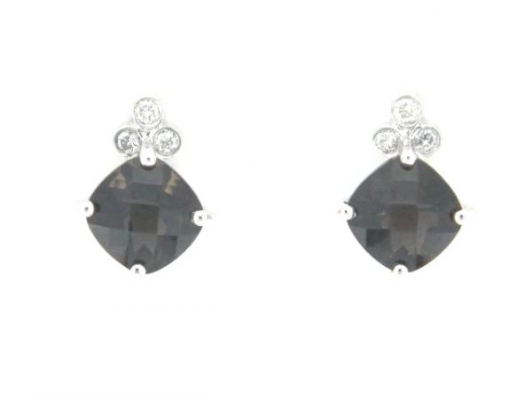 Genuine Smokey Quartz 1.90TCW & .08TCW/6 Diamond Stud Earrings 14KT WG   **CLEARANCE-FINAL SALE**