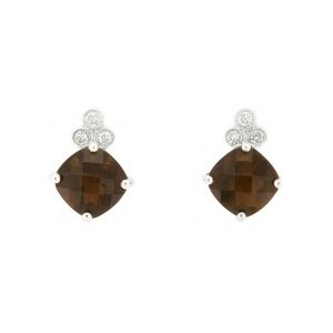Genuine Smokey Quartz 1.90TCW & .08TCW/6 Diamond Stud Earrings 14KT WG   **CLEARANCE-FINAL SALE**