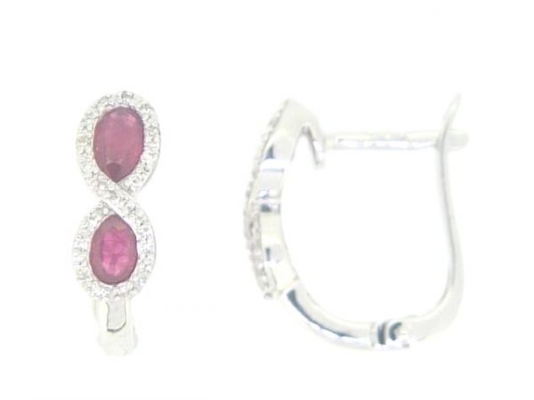 Genuine Ruby Double Diamond Halo Huggie Earrings 10KT WG   *CLEARANCE-FINAL SALE*