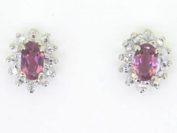 Genuine Pink Tourmaline Oval 5X3 & Diamond Stud Earrings 14KT WG   **CLEARANCE-FINAL SALE**