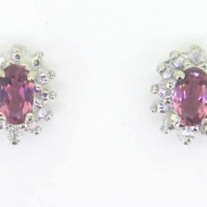 Genuine Pink Tourmaline Oval 5X3 & Diamond Stud Earrings 14KT WG   **CLEARANCE-FINAL SALE**