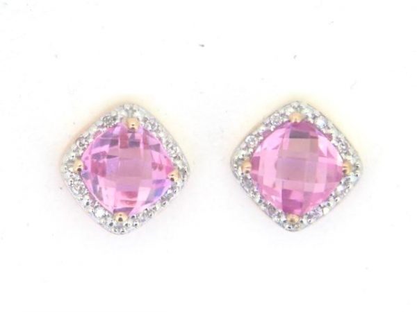 Genuine Pink Quartz Cushion Cut & Diamond Stud Earrings 10KT PK    **CLEARANCE-FINAL SALE**