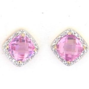 Genuine Pink Quartz Cushion Cut & Diamond Stud Earrings 10KT PK    **CLEARANCE-FINAL SALE**