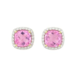 Genuine Pink Quartz Cushion Cut & Diamond Stud Earrings 10KT PK   *CLEARANCE-FINAL SALE*