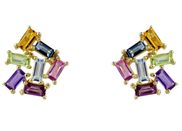 Genuine Multi Gemstone Rainbow Baguette Cluster Stud Earrings 10KT   **CLEARANCE-FINAL SALE**