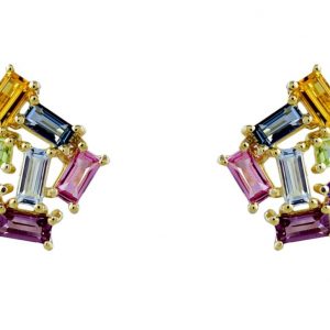 Genuine Multi Gemstone Rainbow Baguette Cluster Stud Earrings 10KT   **CLEARANCE-FINAL SALE**