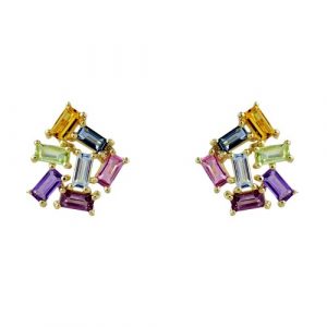 Genuine Multi Gemstone Rainbow Baguette Cluster Stud Earrings 10KT  *CLEARANCE-FINAL SALE*