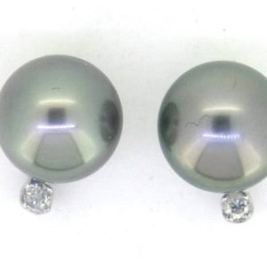 10-11MM Black Tahitian Pearl & .10TCW Diamond Studs 14KT WG      *CLEARANCE-FINAL SALE*