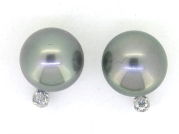 10-11MM Black Tahitian Pearl & .10TCW Diamond Studs 14KT WG      *CLEARANCE-FINAL SALE*