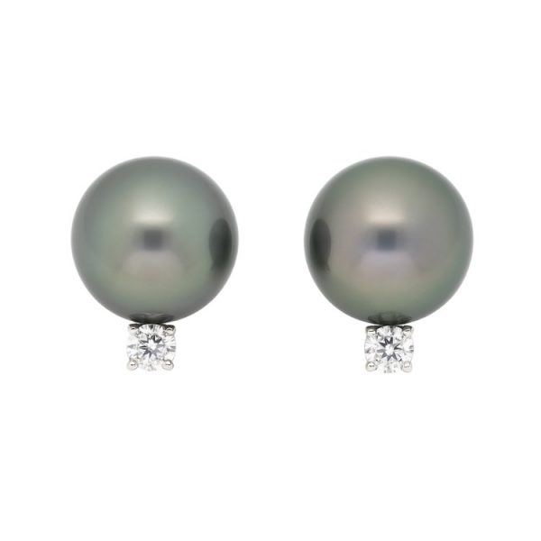 10-11MM Black Tahitian Pearl & .10TCW Diamond Studs 14KT WG *CLEARANCE-FINAL SALE*