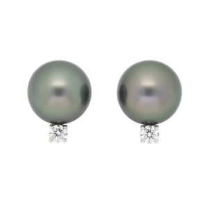 10-11MM Black Tahitian Pearl & .10TCW Diamond Studs 14KT WG *CLEARANCE-FINAL SALE*
