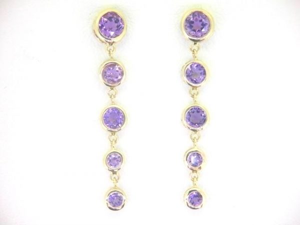 Genuine Amethyst X5 Graduated Bezel Dangle Earrings 14KT   **CLEARANCE-FINAL SALE**