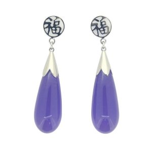Genuine Lavender Jade Enhanced Tear Drop Dangle Earrings with Chinese Character 14KT WG *Final Sale* **Colour & Quality Enhanced** *CLEARANCE