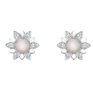 Genuine Opal 3.5MM & .05TCW Diamond Flower Stud Earrings 10KT WG   **CLEARANCE-FINAL SALE**