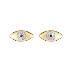 Genuine Sapphire & .08TCW Diamonds Evil Eye Stud Earrings 10KT/12MM   *CLEARANCE-FINAL SALE*