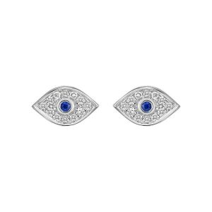 Genuine Sapphire & .11TCW Diamonds Evil Eye Stud Earrings 10KT WG/10MM   *CLEARANCE-FINAL SALE*