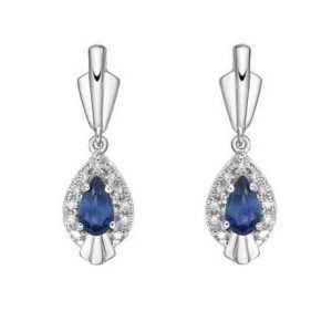 Genuine Sapphire Pear 5X3 & .07TCW Diamonds Dangle Lever Back Earrings 10KT WG   *CLEARANCE-FINAL SALE*