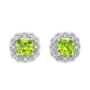 Genuine Peridot Cushion 4mm & Diamonds Stud Earrings 10KT WG     *FINAL SALE*