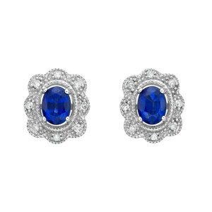 Genuine Sapphire Oval 4X3 & Diamond Scalloped Edge Stud Earrings 10KT WG