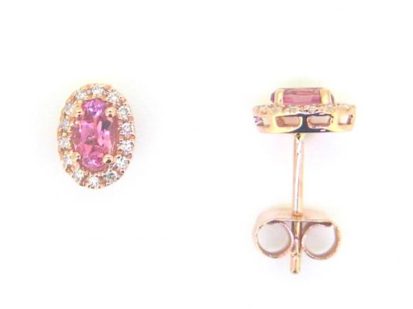Genuine Pink Tourmaline Oval 5x3 & Diamond Halo Stud Earrings 10KT PK    *FINAL SALE*