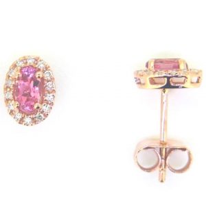Genuine Pink Tourmaline Oval 5x3 & Diamond Halo Stud Earrings 10KT PK    *FINAL SALE*