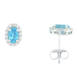 Genuine Blue Topaz Oval 5x3 & Diamond Halo Stud Earrings 10KT WG *FINAL SALE*