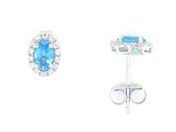Genuine Blue Topaz Oval 5x3 & Diamond Halo Stud Earrings 10KT WG    *FINAL SALE*