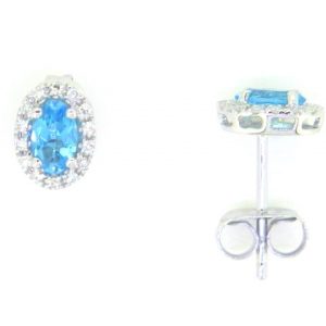 Genuine Blue Topaz Oval 5x3 & Diamond Halo Stud Earrings 10KT WG    *FINAL SALE*