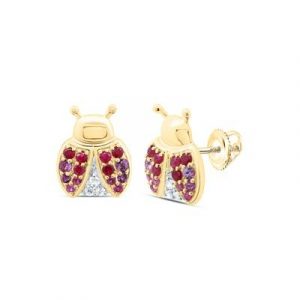 Ladybug with Genuine Pink Sapphire & Genuine Rubies & Diamonds Screwback Stud Earrings 10KT/9MM     **FINAL SALE**