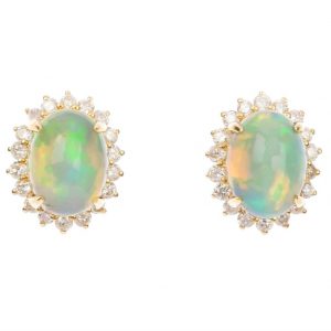 Genuine Opal 7x5 & .20TCW Diamond Cluster Screwback Stud Earrings 14KT   *FINAL SALE*
