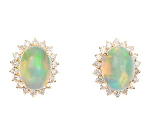 Genuine Opal 7x5 & .20TCW Diamond Cluster Screwback Stud Earrings 14KT   *FINAL SALE*