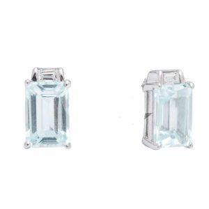 Genuine Aquamarine Emerald Cut 6x4 & Diamond Baguette Stud Earrings 10KT WG  *FINAL SALE*