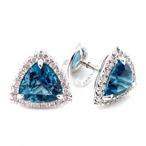 Gen, London Bl.Topaz Triangle 7MM & 0.12tcw Diamond Stud Earrings 10KT WG   *FINAL SALE*