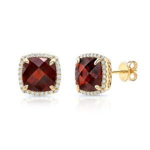 Gen, Garnet Cushion 6MM & .10tcw Diamond Stud Earrings 10KT    *FINAL SALE*