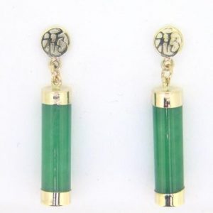 Genuine Jade 4X14mm Cylinder Long Column Dangle Earrings with Chinese Character  14KT **Colour & Quality Enhanced**