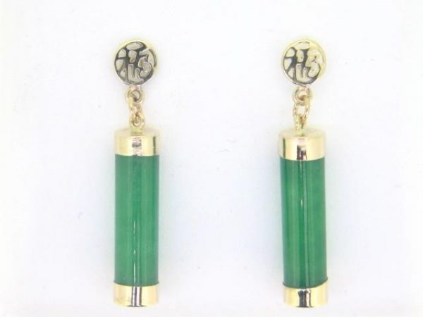 Genuine Jade 4X14mm Cylinder Long Column Dangle Earrings with Chinese Character  14KT **Colour & Quality Enhanced**
