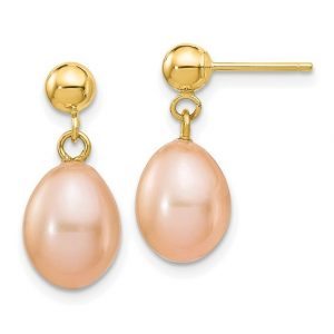 8-9MM Peach Fresh Water Pearl Dangle with 3MM Ball Stud Earrings 10KT  *FINAL SALE*