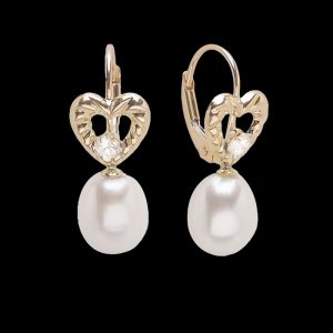 7.5-8MM Fresh Water Pearl & Heart Lever Back with Cubic Zirconia Earrings 10KT   *FINAL SALE*