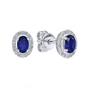Gen. Sapphire 5x3 & .15tcw Diamond Cluster Screwback Stud Earrings 10KT WG   *FINAL SALE*