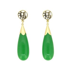 Genuine Jade Enhanced Tear Drop Dangle Earrings with Chinese Character 14KT **Colour & Quality Enhanced** *FINAL SALE*