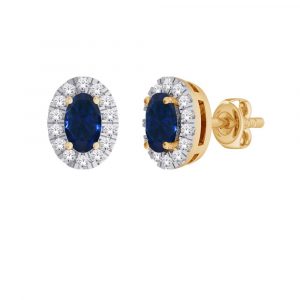 Gen. Sapphire Oval 5x3 & .10tcw Diamond Cluster Screwback Stud Earrings 14KT   *FINAL SALE*