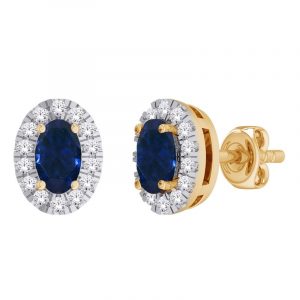 Gen. Sapphire Oval 5x3 & .10tcw Diamond Cluster Screwback Stud Earrings 14KT   *FINAL SALE*
