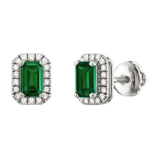 Gen. Emerald  5x3 & .10tcw Diamond Cluster Screwback Stud Earrings 14KT WG   *FINAL SALE*