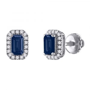 Gen. Sapphire 5x3 & .10tcw Diamond Cluster Screwback Stud Earrings 14KT WG  *FINAL SALE*