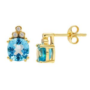 Gen. Blue Topaz Cushion 5mm & .03TCW Diamond Stud Earrings 10KT   *FINAL SALE*