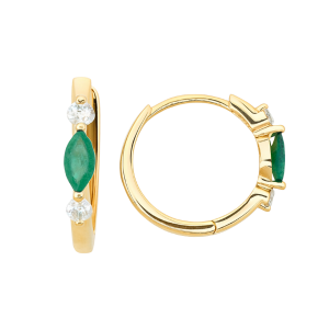 Gen. Emerald Marquise & .14tcw Diamond Huggie Hoop Earrings 10KT/15MM