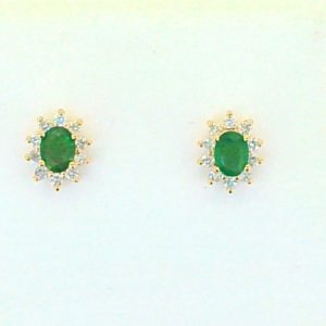 Genuine Emerald Oval & .15tcw Diamond Cluster Stud Earring 14KT    *FINAL SALE*
