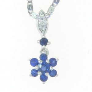 Genuine Sapphire & Diamond Flower Drop Pendant with Chain 10KT WG    **CLEARANCE-FINAL SALE**