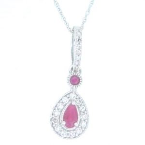 Genuine Ruby Pear Shape & .15TCW Diamond Drop Pendant with Chain 10KT WG   *CLEARANCE-FINAL SALE*